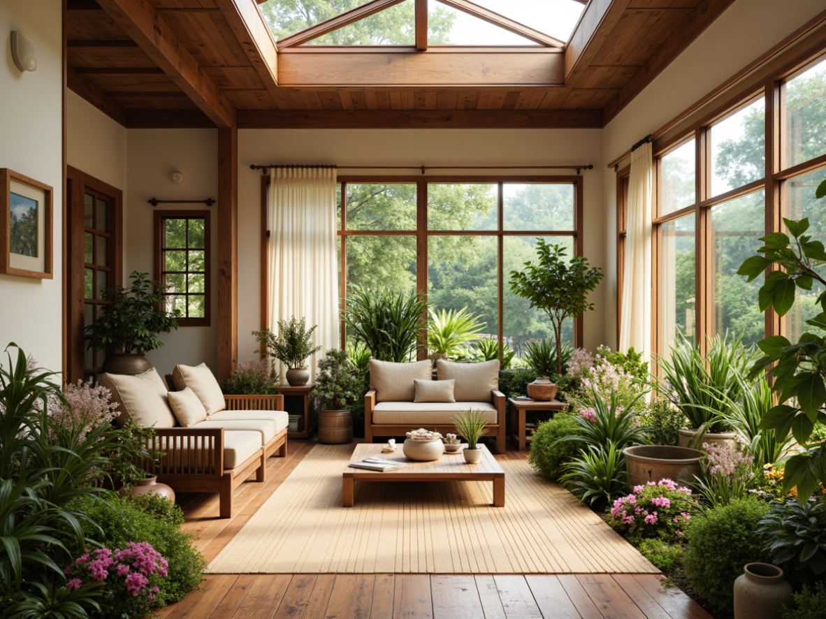 Prompt: Traditional Asian-style sunroom, natural materials, sliding shoji screens, rice paper curtains, bamboo flooring, minimal ornamentation, abundant greenery, lush plants, vibrant flowers, floor-to-ceiling windows, clerestory windows, skylights, warm wooden accents, soft cream-colored walls, gentle diffused light, serene ambiance, 1/1 composition, shallow depth of field, realistic textures, ambient occlusion.