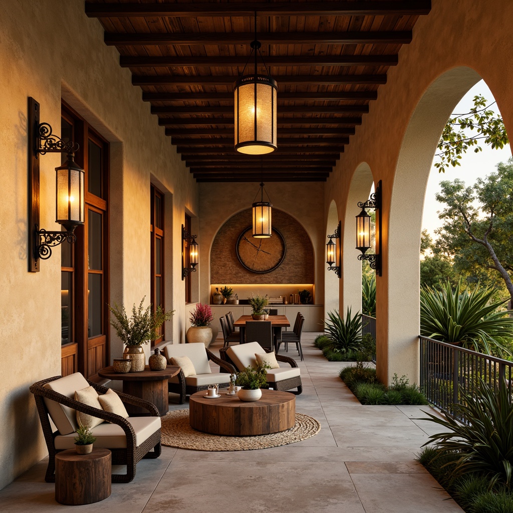 Prompt: Warm Mediterranean villa, rustic stone walls, curved archways, ornate ironwork, wooden beam ceilings, earthy color palette, soft warm lighting, ambient glow, pendant lanterns, distressed metal chandeliers, candle-inspired sconces, natural linen shades, woven rattan fixtures, bronze accents, ornate tile work, vintage-inspired pendants, rustic wooden tables, cozy seating areas, lush greenery, tranquil atmosphere, golden hour lighting, shallow depth of field, 1/1 composition.