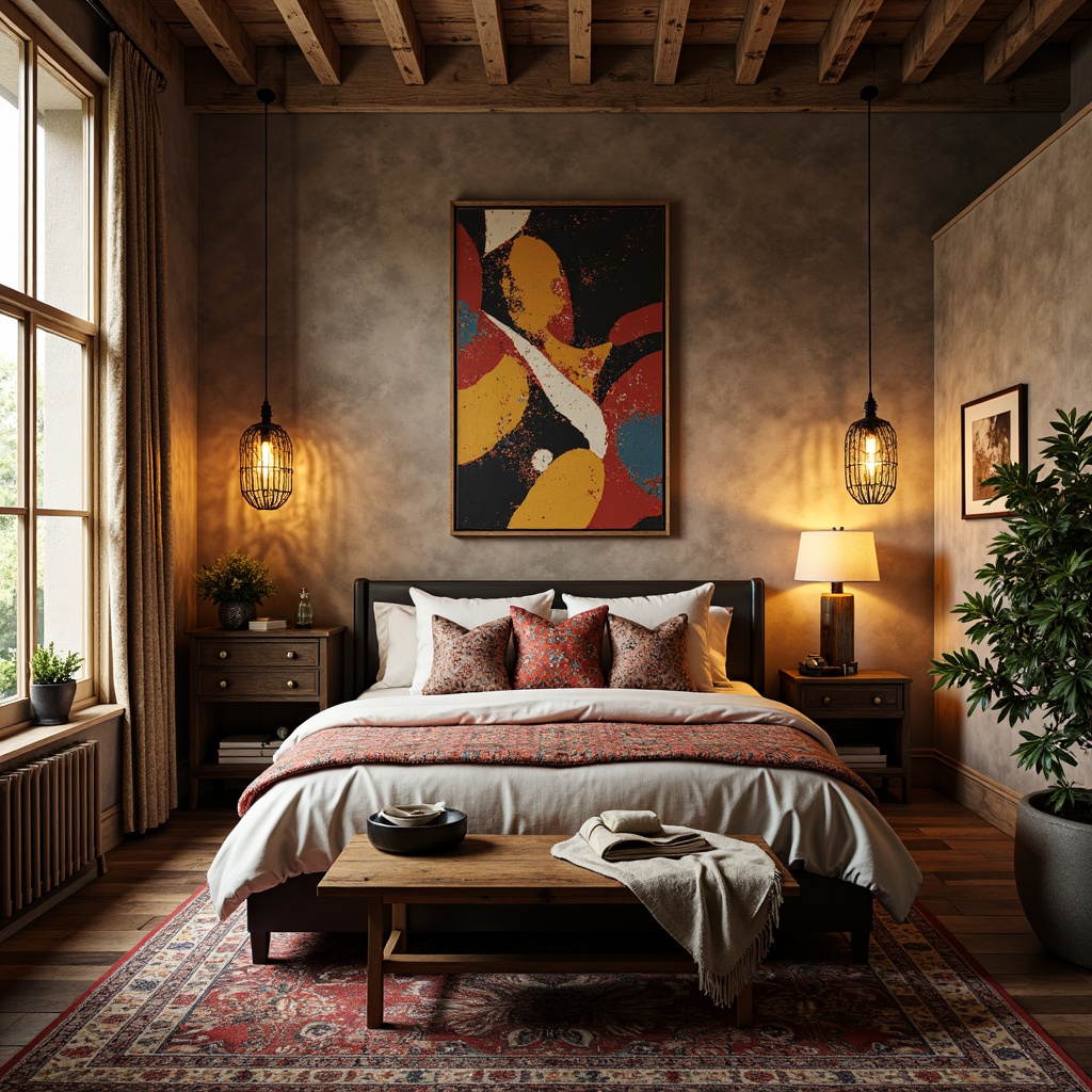 Prompt: Eclectic bedroom, vintage furniture pieces, distressed wood accents, bold color schemes, abstract artwork, unique rug patterns, industrial metal fixtures, Edison bulb pendant lights, ornate chandeliers, Moroccan-inspired lanterns, warm golden lighting, soft ambient glow, dramatic shadow effects, 1/2 composition, low-key lighting, realistic textures, subtle depth of field.