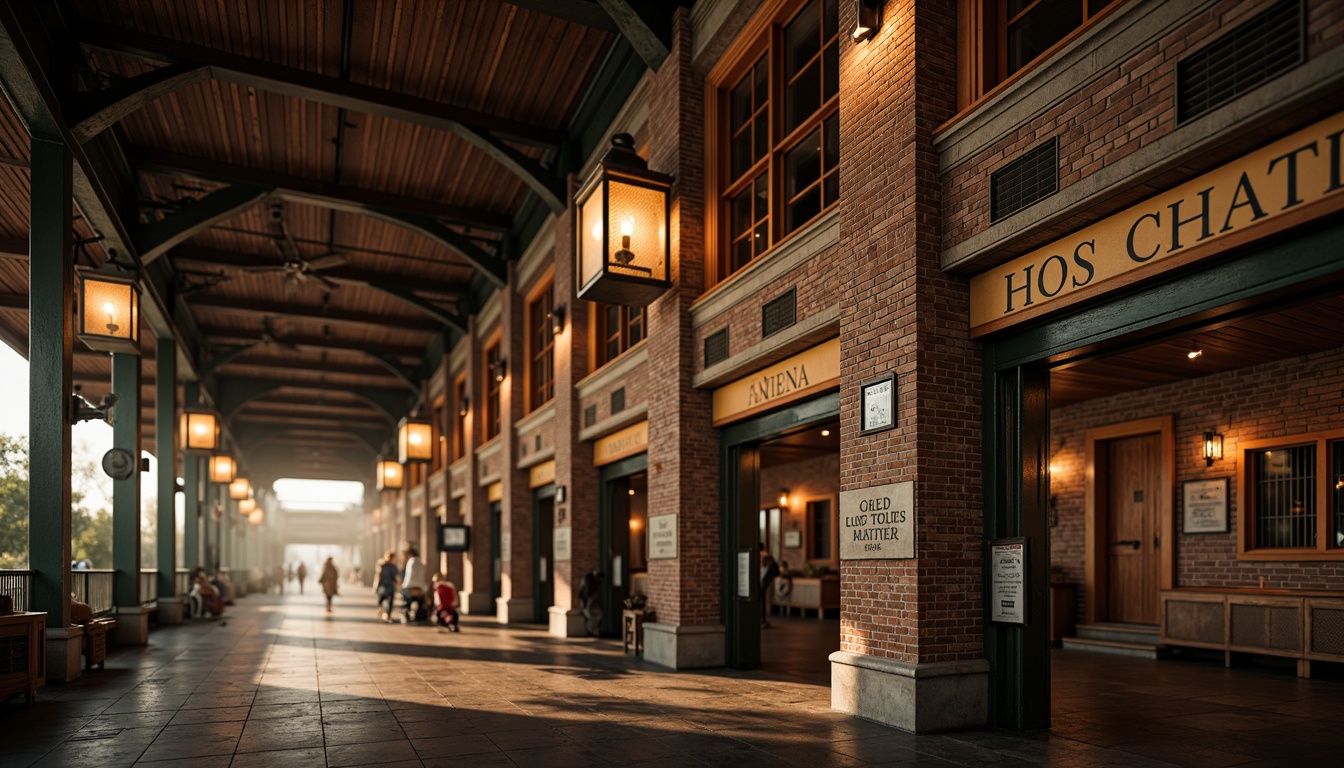 Prompt: Vintage train station, ornate brick fa\u00e7ade, rustic wooden beams, nostalgic ambiance, antique clock towers, old-fashioned lanterns, distressed metal signs, classic typography, warm golden lighting, shallow depth of field, 1/2 composition, realistic textures, ambient occlusion.