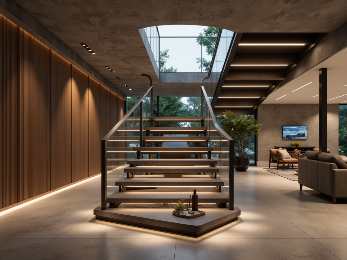 Prompt: Modern staircase, sleek metal handrails, glass balustrades, LED strip lights, ambient floor illumination, recessed ceiling lights, minimalist design, open-plan living area, polished concrete floors, industrial-chic aesthetic, warm cozy atmosphere, soft diffused lighting, 1/1 composition, shallow depth of field, realistic textures, subtle color grading.