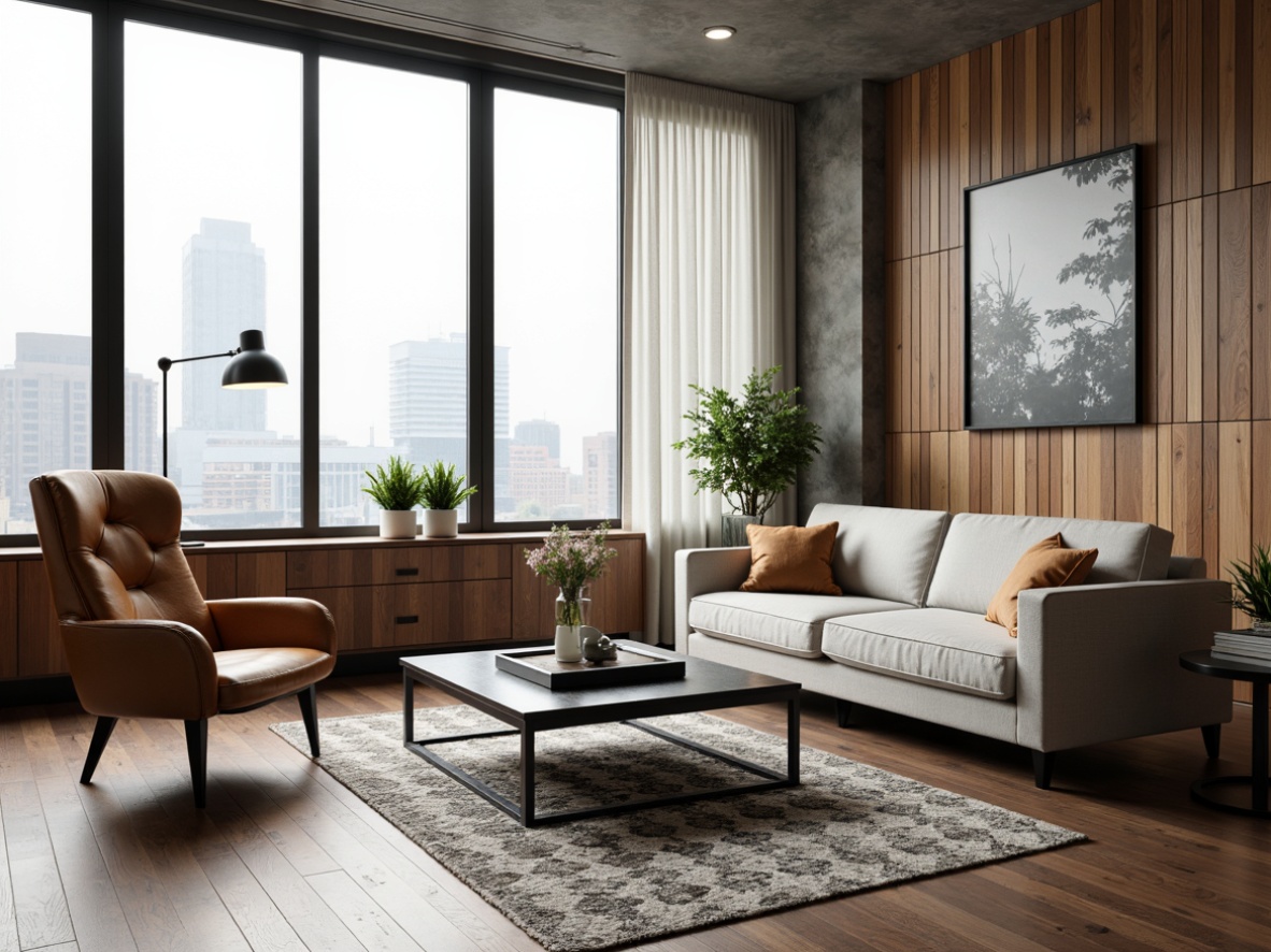 Prompt: Modern living room, sleek low-profile sofa, minimalist coffee table, industrial metal chairs, reclaimed wood accent wall, geometric patterned rug, floor-to-ceiling windows, natural light pouring in, urban cityscape view, neutral color palette, matte black metal legs, tufted upholstery, velvet pillows, abstract artwork, LED floor lamp, warm cozy ambiance, shallow depth of field, 2/3 composition, soft focus, realistic textures.