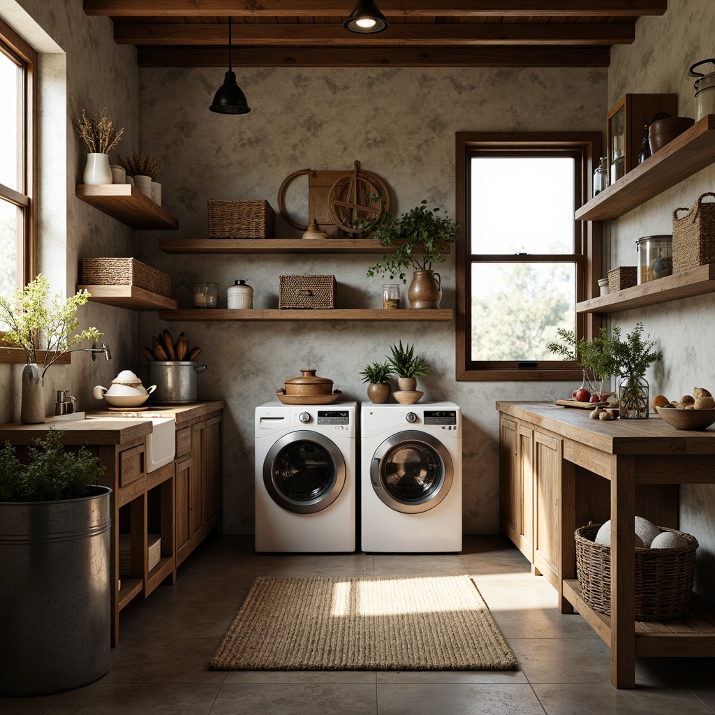 Prompt: Rustic laundry room, vintage decor, distressed wood furniture, metal accents, galvanized tubs, wooden crates, woven baskets, natural fabrics, earthy color palette, warm ambient lighting, soft focus, 1/1 composition, symmetrical framing, cozy atmosphere, functional layout, practical storage solutions, industrial-chic aesthetic, modern appliances, matte finishes, textured surfaces.