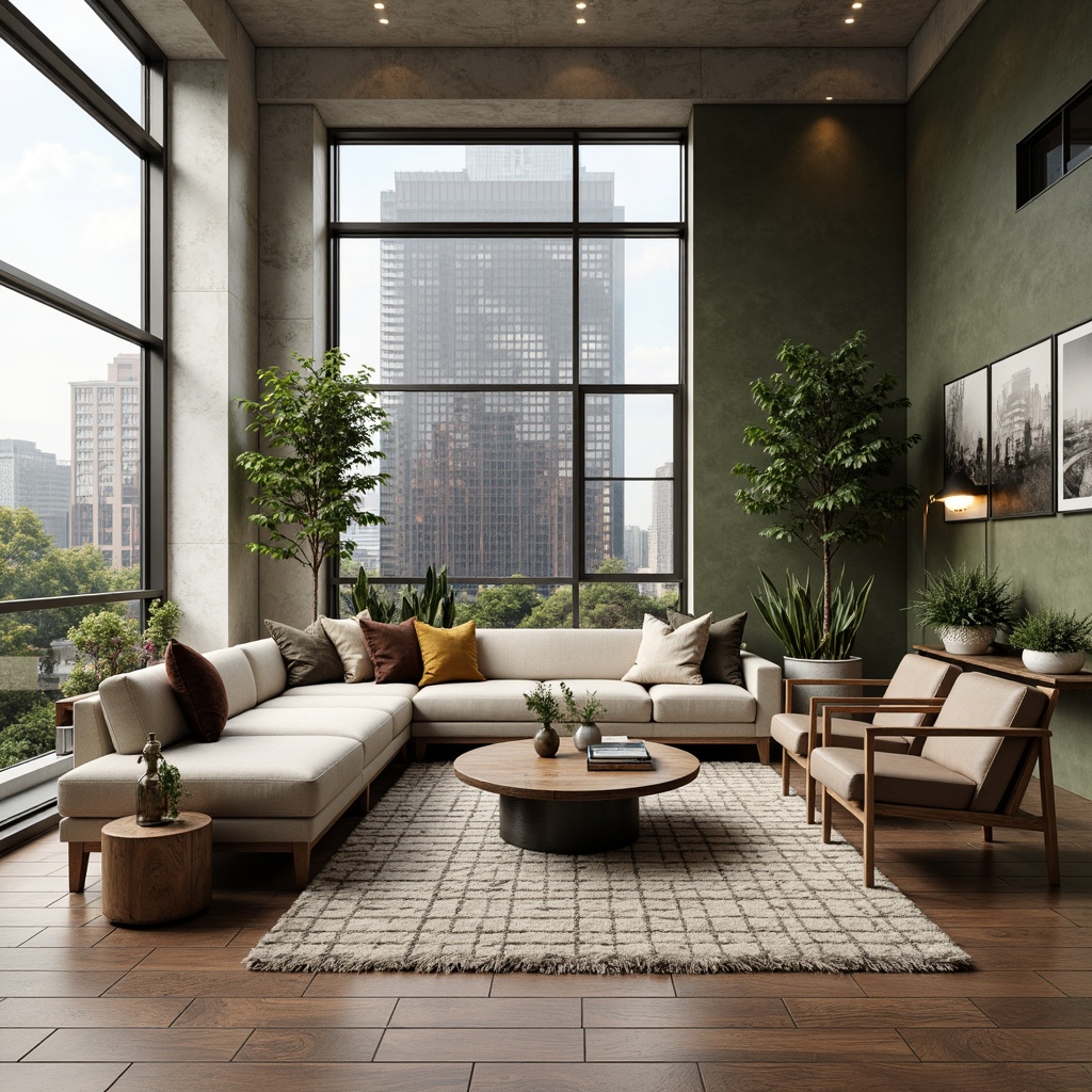 Prompt: Modern minimalist living room, sleek low-profile sofa, geometric-patterned rug, industrial-chic coffee table, Scandinavian-inspired armchairs, metallic accents, floor-to-ceiling windows, natural oak wood flooring, soft warm lighting, 1/1 composition, realistic textures, ambient occlusion, luxurious velvet throw pillows, minimalist decor, greenery walls, urban loft atmosphere, neutral color palette, sophisticated ambiance.