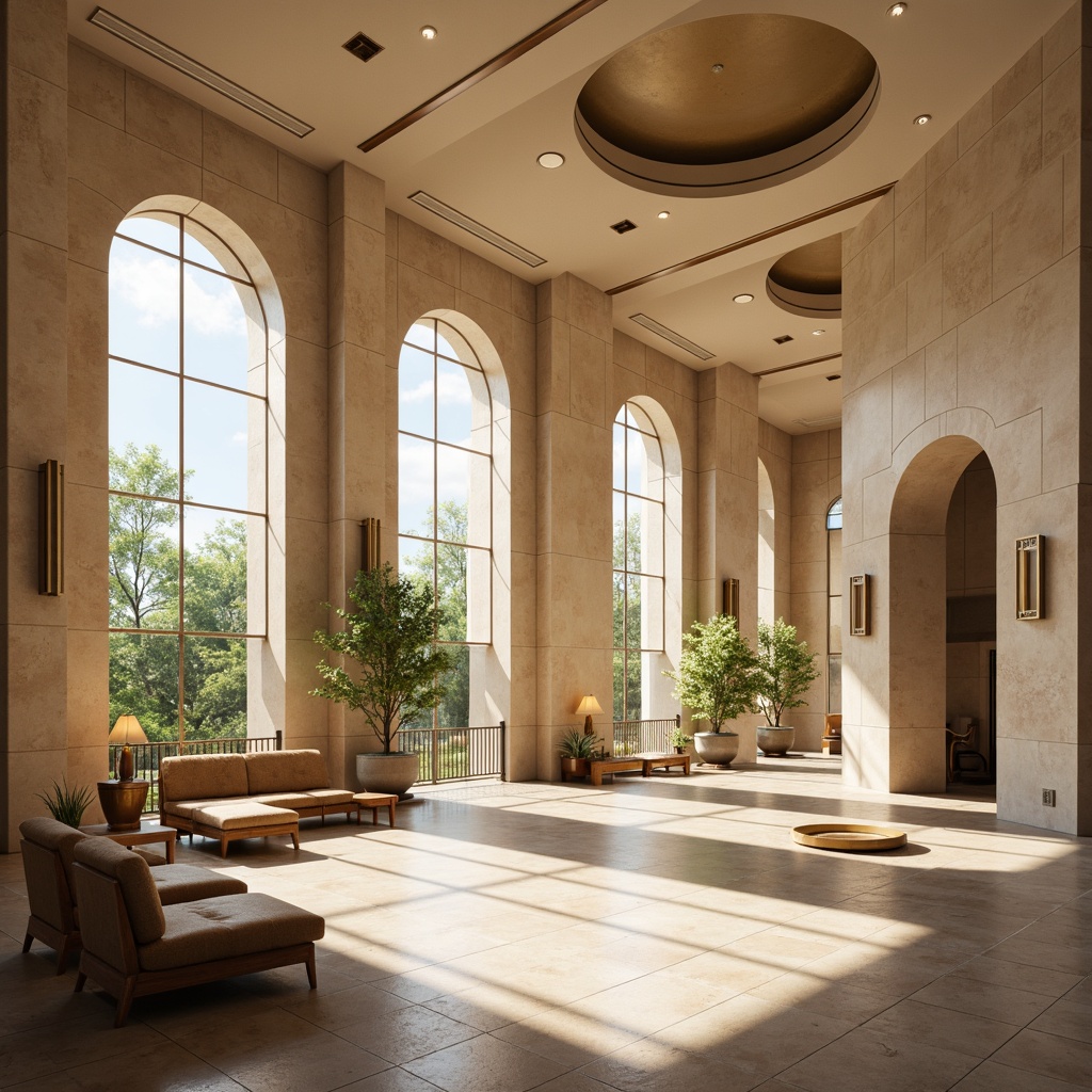 Prompt: Elegant memorial center, transitional style architecture, warm beige stone walls, soft cream-colored columns, subtle ornate details, polished bronze fixtures, solemn atmosphere, gentle natural light, floor-to-ceiling windows, diffused overhead lighting, warm LED downlights, pendant lamps, table lamps, subtle color temperature transitions, morning sunlight, afternoon shadows, 1/1 composition, shallow depth of field, realistic textures, ambient occlusion.