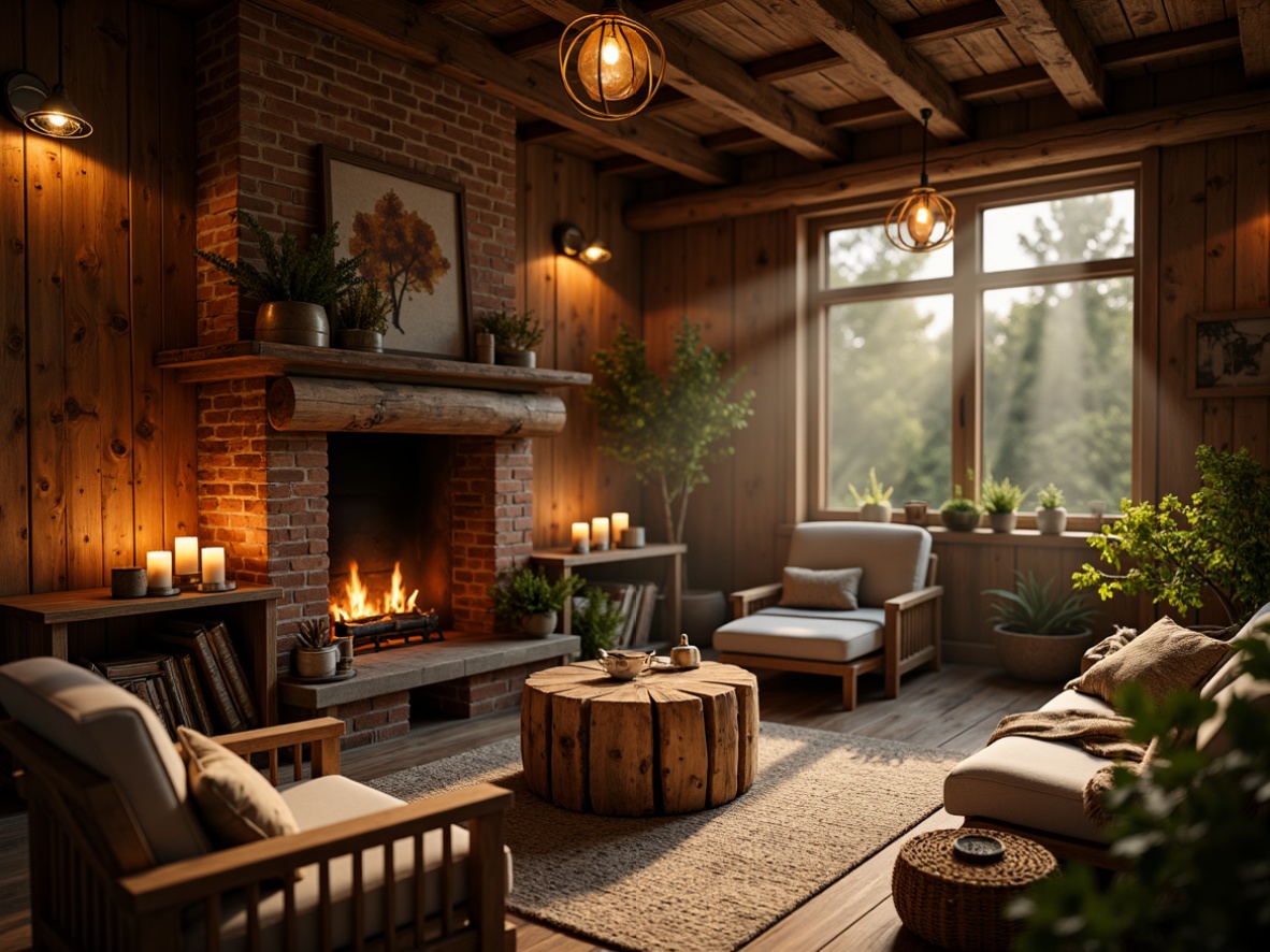 Prompt: Rustic farmhouse interior, warm candlelight, soft pendant lamps, vintage metal lanterns, reclaimed wood accents, natural textiles, earthy color palette, cozy reading nooks, plush throw blankets, distressed wooden beams, brick fireplace, crackling fire sounds, warm golden lighting, shallow depth of field, 1/2 composition, intimate atmosphere, realistic shadows, ambient occlusion.