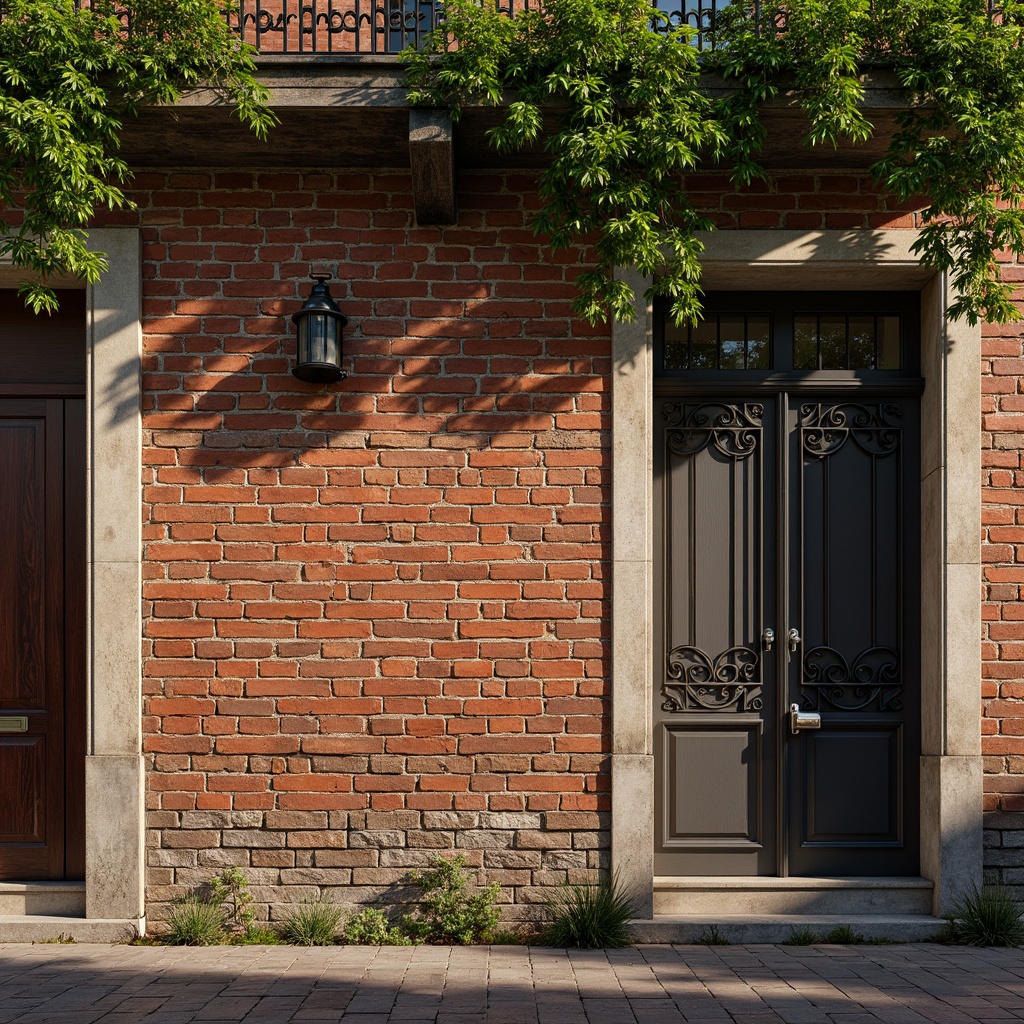 Prompt: Rustic brick wall, distressed textures, earthy red tones, irregular brick patterns, worn mortar joints, vintage architectural details, ornate metal gates, lush green ivy, old-world charm, natural light casting, warm color palette, high-contrast shadows, shallow depth of field, 2/3 composition, atmospheric perspective, realistic materials, subtle ambient occlusion.