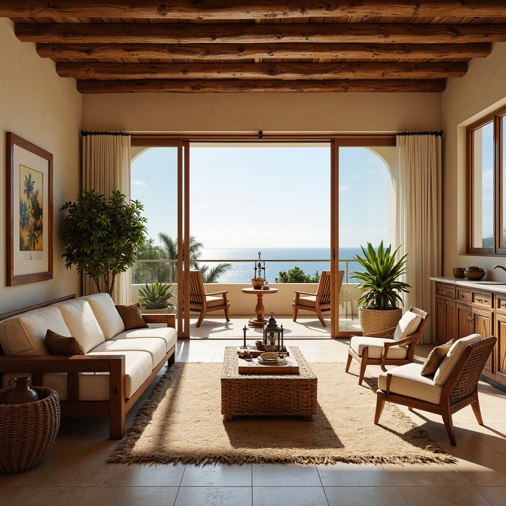 Prompt: Warm Mediterranean apartment, rustic wooden furniture, distressed finishes, soft cream-colored sofas, woven rattan armchairs, natural fiber rugs, vintage metal lanterns, earthy terracotta pots, lush green plants, large windows, sliding glass doors, sunny balcony, ocean views, warm beige walls, creamy marble countertops, ornate ceramic tiles, rustic wooden ceiling beams, ambient warm lighting, shallow depth of field, 3/4 composition, realistic textures.