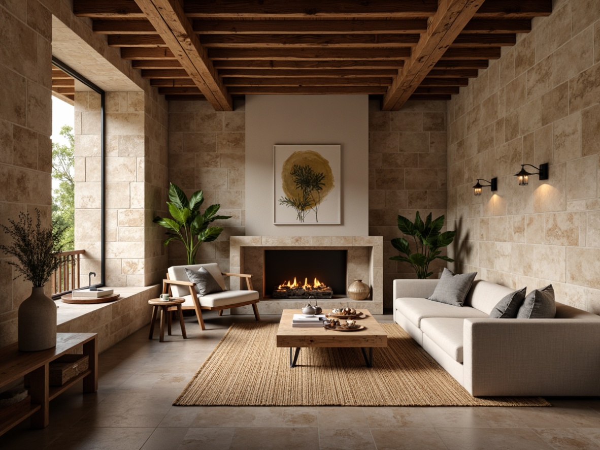 Prompt: Rustic wooden accents, natural stone walls, earthy color palette, organic textures, woven fiber rugs, distressed metal fixtures, reclaimed wood furniture, cozy ambient lighting, warm beige tones, inviting atmosphere, layered depth of field, 1/2 composition, soft focus blur, realistic material rendering, subtle normal mapping.