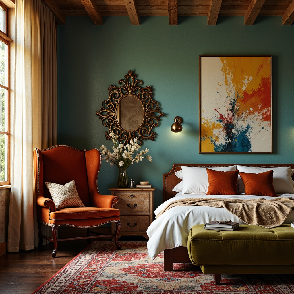 Prompt: Richly textured walls, eclectic furniture mix, vintage velvet armchair, distressed wood nightstand, ornate metal frame mirror, plush Moroccan-inspired rug, bold abstract artwork, warm golden lighting, layered drapery, sheer curtains, soft billowy folds, bohemian-chic atmosphere, free-spirited color palette, turquoise accent wall, burnt orange throw pillows, mossy green velvet ottoman, creamy white linen bedding, dark wood flooring, ornate decorative trim, whimsical accessories, relaxed cozy ambiance.