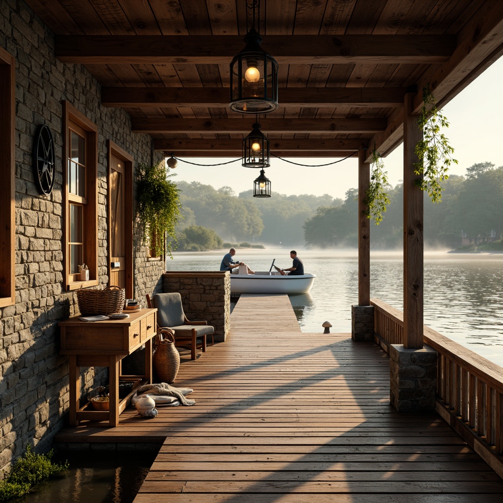 Prompt: Rustic boathouse, wooden dock, serene lake scenery, warm soft lighting, cozy ambiance, nautical themed decor, vintage lanterns, pendant lights, candles, string lights, natural wood accents, stone walls, waterfront views, sunny afternoon, gentle water ripples, shallow depth of field, 1/1 composition, realistic textures, ambient occlusion.