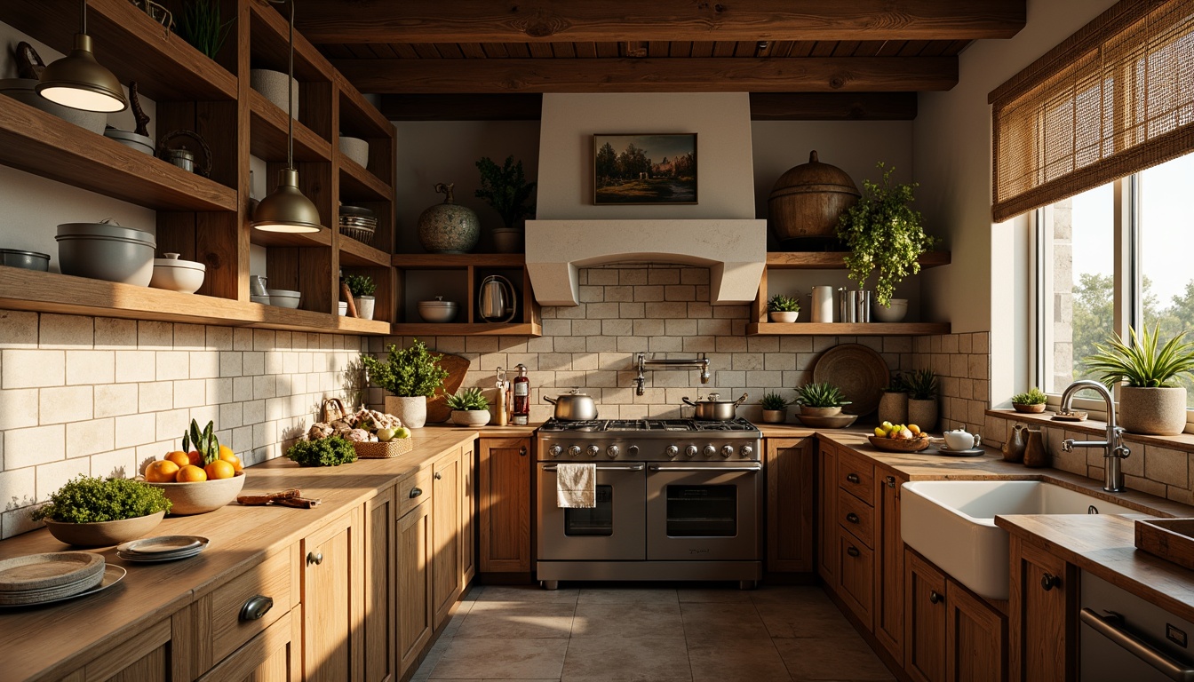 Prompt: Rustic kitchen, natural stone backsplash, earthy tones, wooden cabinetry, distressed finishes, vintage appliances, pendant lighting, farmhouse sink, butcher block countertops, woven textiles, botanical patterns, warm golden lighting, shallow depth of field, 1/1 composition, realistic textures, ambient occlusion.