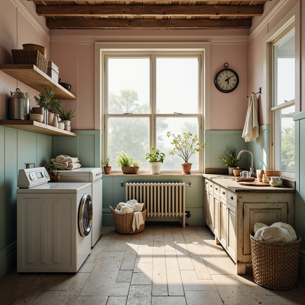 Prompt: Vintage laundry room, distressed wooden cabinets, worn metal appliances, soft pastel hues, pale pink walls, baby blue accents, creamy whites, warm beige tones, rustic wooden floors, hanging linen fabrics, natural light pouring through large windows, soft focus, shallow depth of field, 1/2 composition, relaxed atmosphere, warm color grading, filmic textures, subtle grain.Let me know if you'd like me to generate another one!