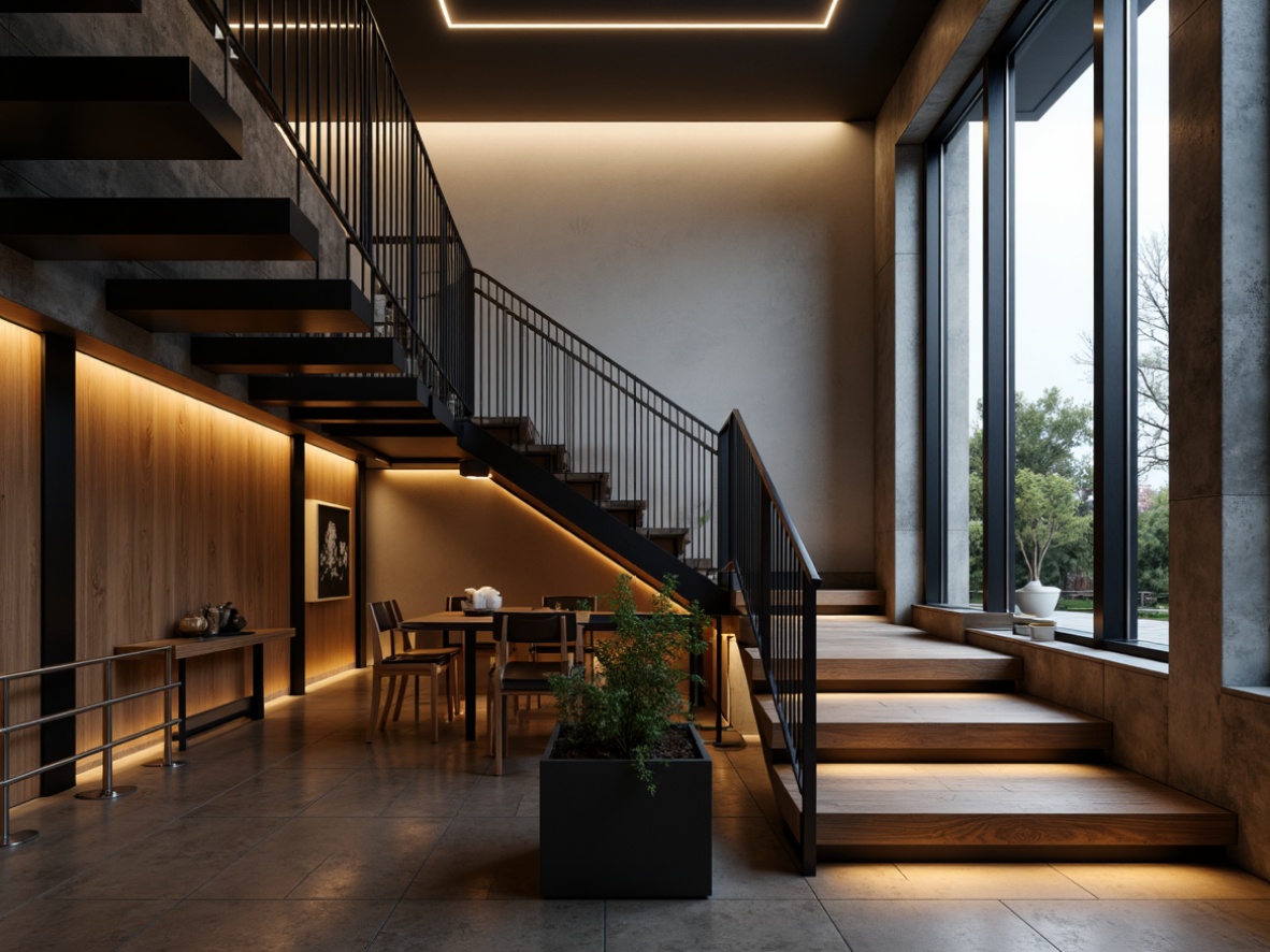 Prompt: Sleek balustrades, minimalist metal handrails, glass or wooden railings, floating treads, cantilevered stairs, open risers, geometric patterns, modern architectural details, luxurious materials, LED lighting, ambient shadows, high-contrast visuals, dramatic focal point, 1/2 composition, low-angle view, realistic reflections, subtle textures.