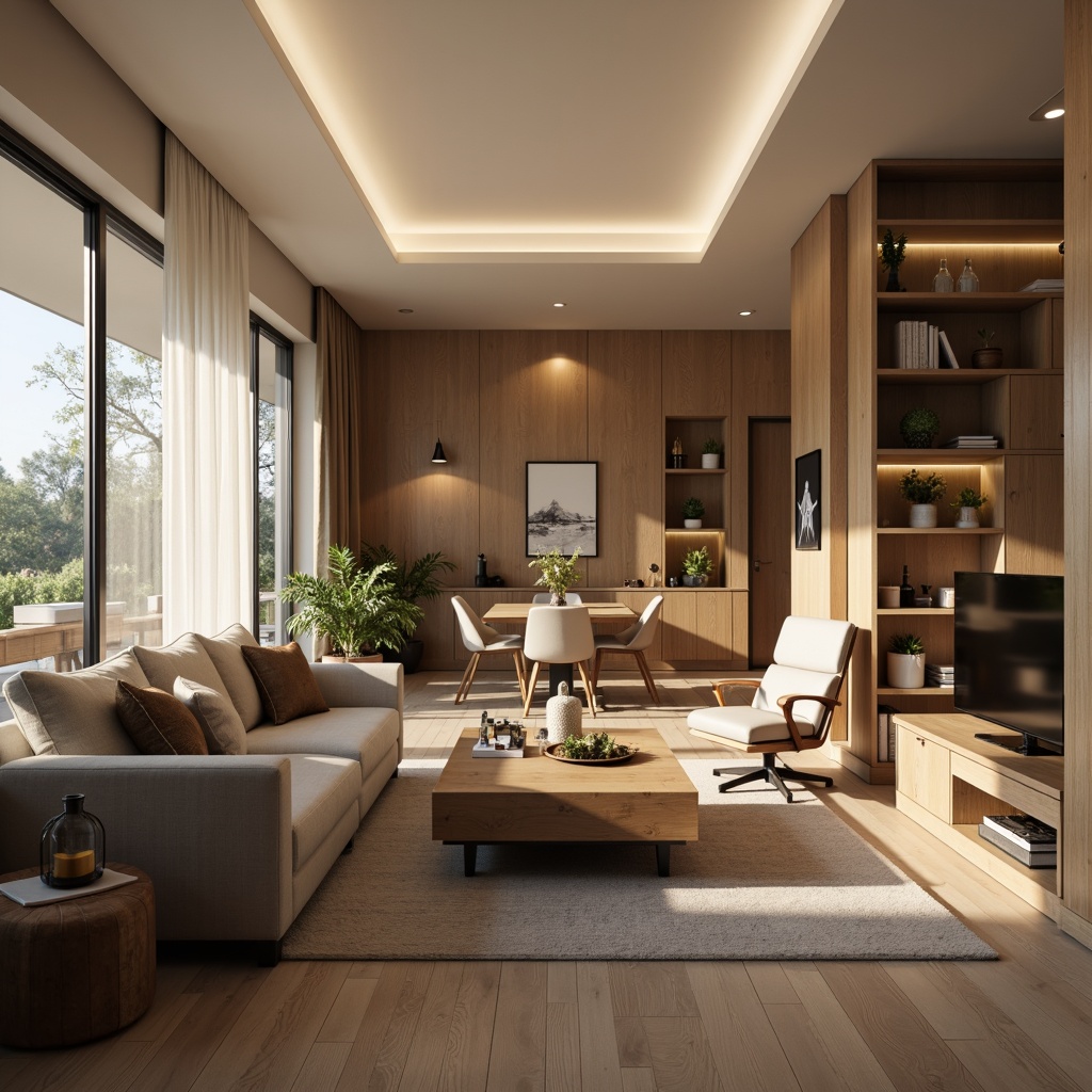 Prompt: Cozy living room, comfortable sofa, wooden coffee table, minimalist decor, soft warm lighting, functional furniture arrangement, ergonomic chairs, compact shelving units, clever storage solutions, multi-functional spaces, open-plan layout, natural wood flooring, neutral color palette, subtle textures, shallow depth of field, 3/4 composition, realistic rendering.