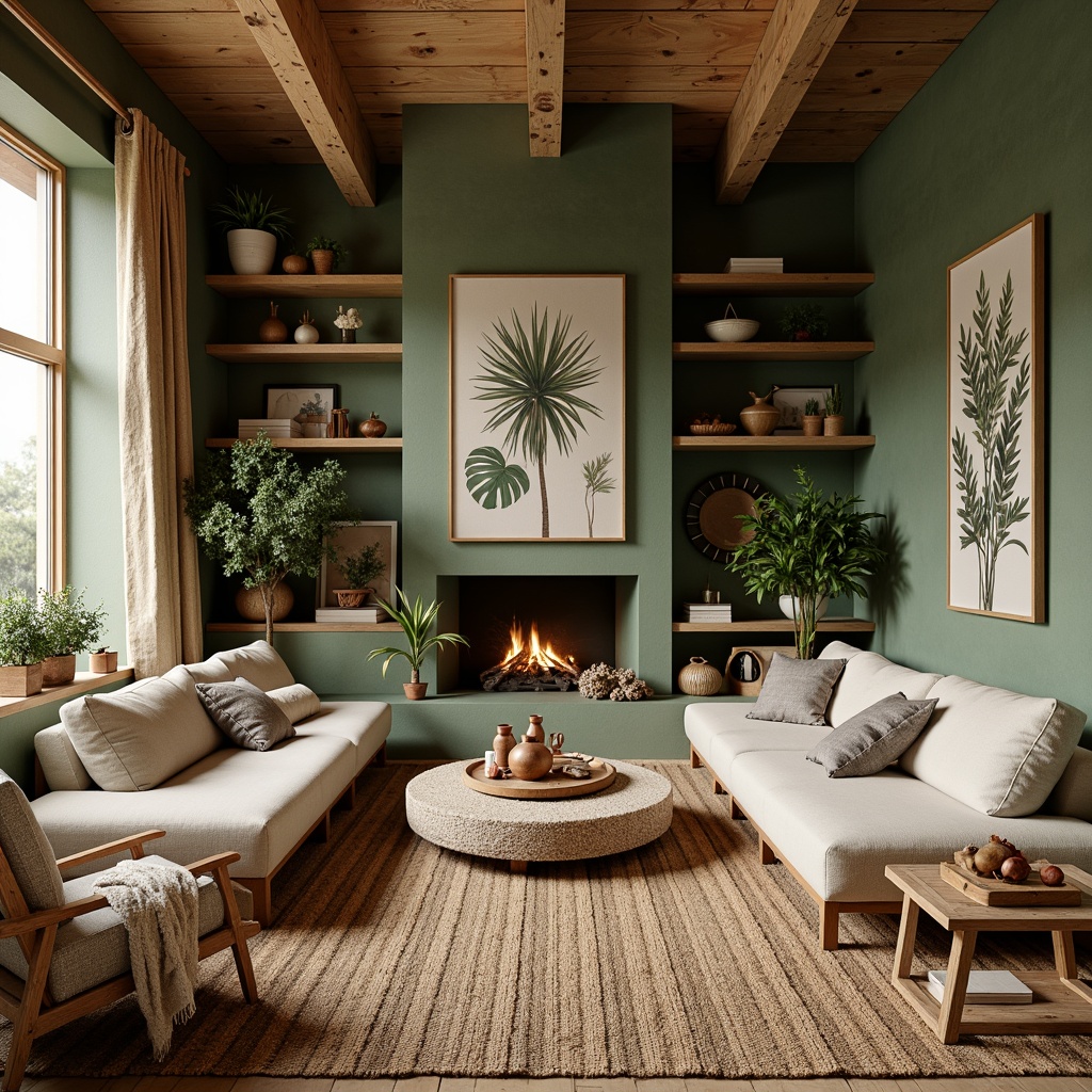 Prompt: Earth-toned living room, organic shapes, reclaimed wood furniture, woven textiles, natural fabrics, botanical prints, greenery walls, potted plants, wooden accents, stone features, earthy color palette, soft warm lighting, cozy atmosphere, inviting seating areas, nature-inspired accessories, organic forms, curved lines, minimal ornamentation, calming ambiance, serene setting.