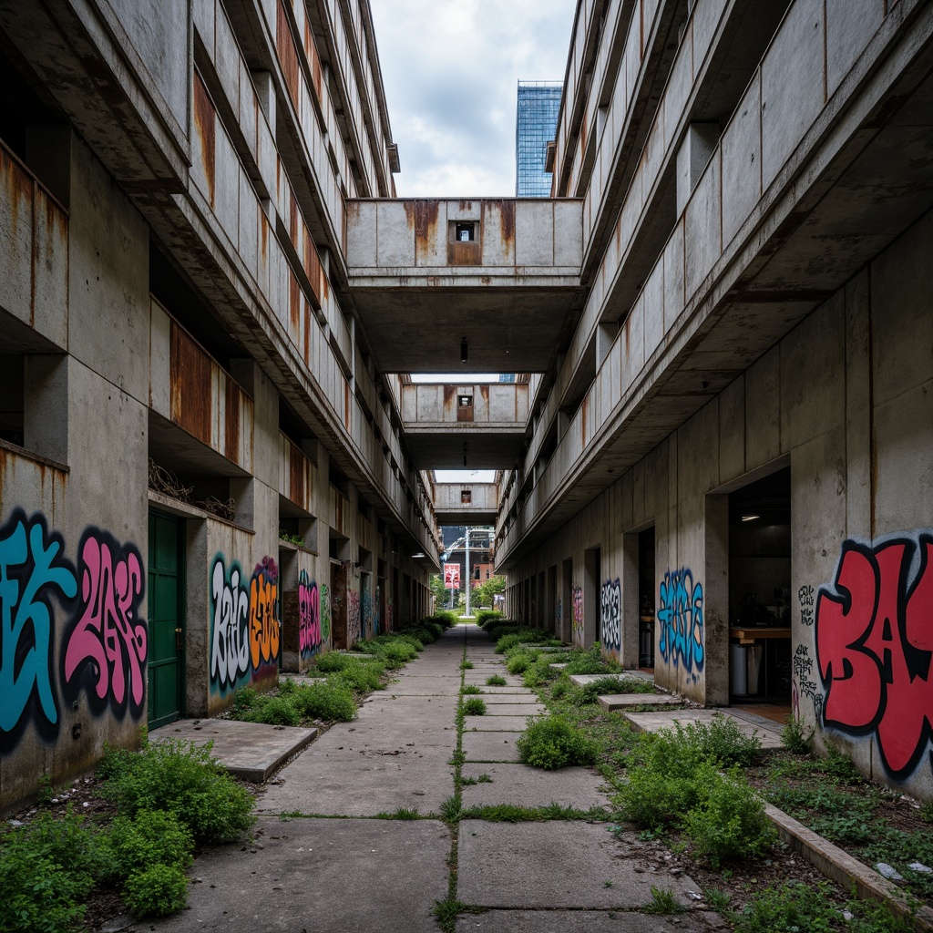 Prompt: Industrial landscape, abandoned factory, urban decay, worn concrete, distressed walls, rusty machinery, plasticrete panels, brutalist architecture, bold geometric shapes, vibrant graffiti, urban renewal, reclaimed spaces, sustainable materials, eco-friendly design, innovative textures, weathered finishes, atmospheric lighting, high contrast colors, dramatic shadows, 3/4 composition, cinematic mood.