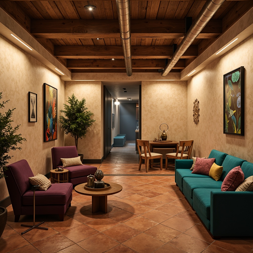 Prompt: Cozy basement atmosphere, warm beige walls, rich wood accents, soft cream ceilings, earthy terracotta floors, vibrant turquoise furniture, deep plum decor, metallic gold lighting, industrial-chic pipes, natural stone textures, atmospheric mist, intimate low-key lighting, 1/2 composition, shallow depth of field, realistic ambient occlusion.