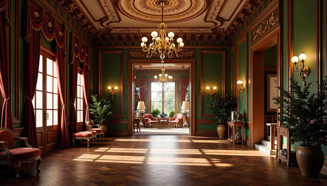 Prompt: Richly ornate entryway, intricately carved wooden doors, grand chandelier, luxurious velvet drapes, warm golden lighting, opulent jewel-toned color palette, emerald green walls, crimson red accents, rich walnut wood flooring, ornate plaster ceilings, Victorian-era inspired architecture, majestic staircase, soft warm glow, shallow depth of field, 3/4 composition, realistic textures, ambient occlusion.