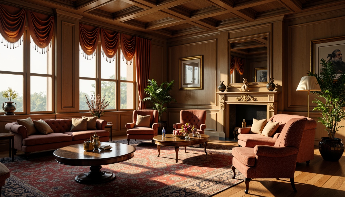 Prompt: Elegant living room, ornate wooden furniture, intricately carved armchairs, plush velvet sofas, antique coffee tables, richly patterned rugs, warm golden lighting, classic European-inspired architecture, high ceilings, large windows, drapery with tassel trim, luxurious fabrics, vintage decorative items, nostalgic ambiance, soft focus, shallow depth of field, 1/1 composition, realistic textures, ambient occlusion.