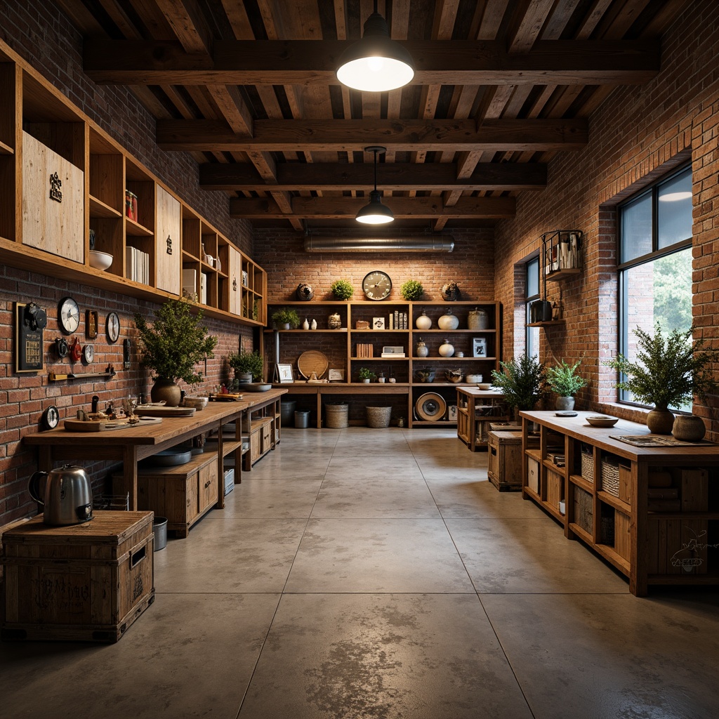 Prompt: Rustic garage interior, wooden accents, metal tools, industrial lighting, concrete floors, exposed brick walls, vintage car displays, distressed wood crates, earthy color palette, warm atmospheric lighting, shallow depth of field, 1/1 composition, realistic textures, ambient occlusion.