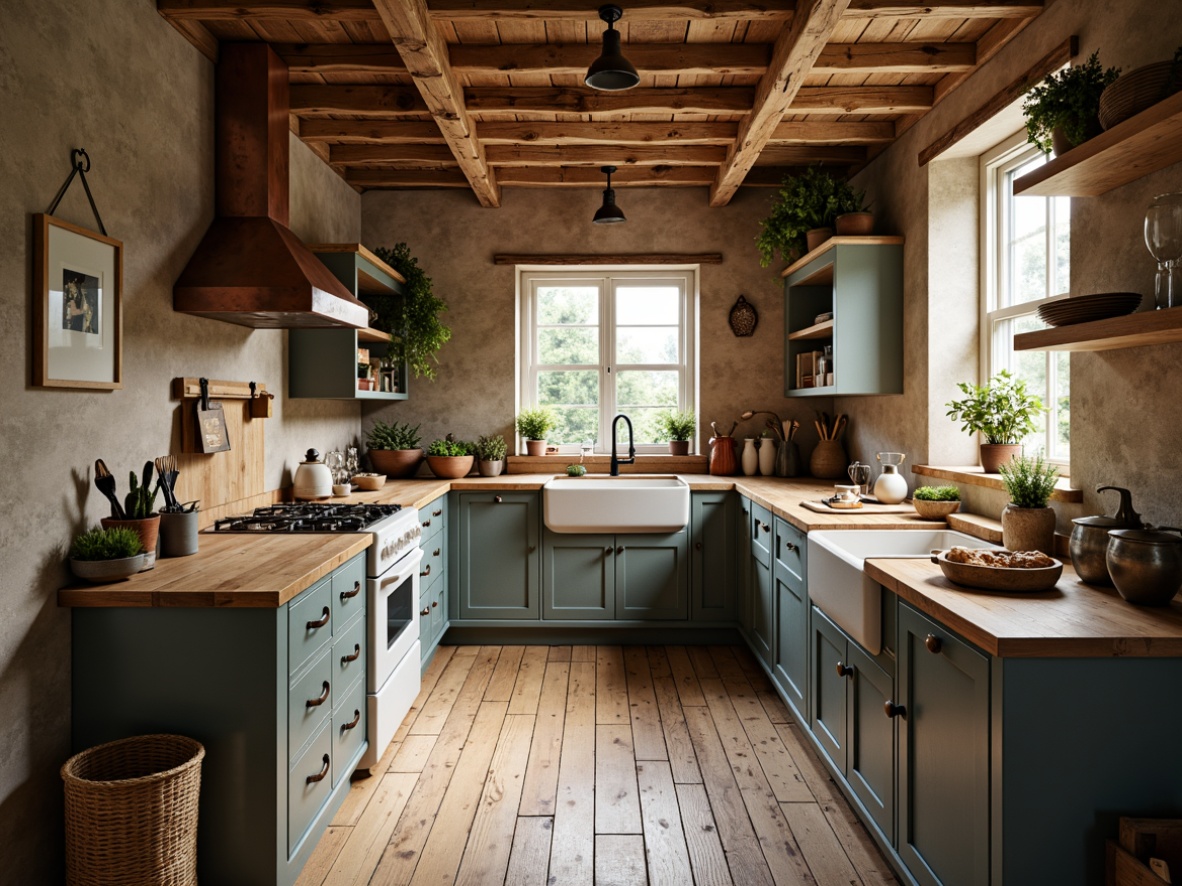 Prompt: Rustic country kitchen, wooden flooring, distressed planks, worn surfaces, earthy tones, natural textures, warm lighting, cozy atmosphere, vintage decor, traditional cabinetry, exposed beams, stone walls, farmhouse sink, wooden countertops, copper accents, soft pastel colors, gentle patterns, organic shapes, soft focus, 1/2 composition, intimate setting.