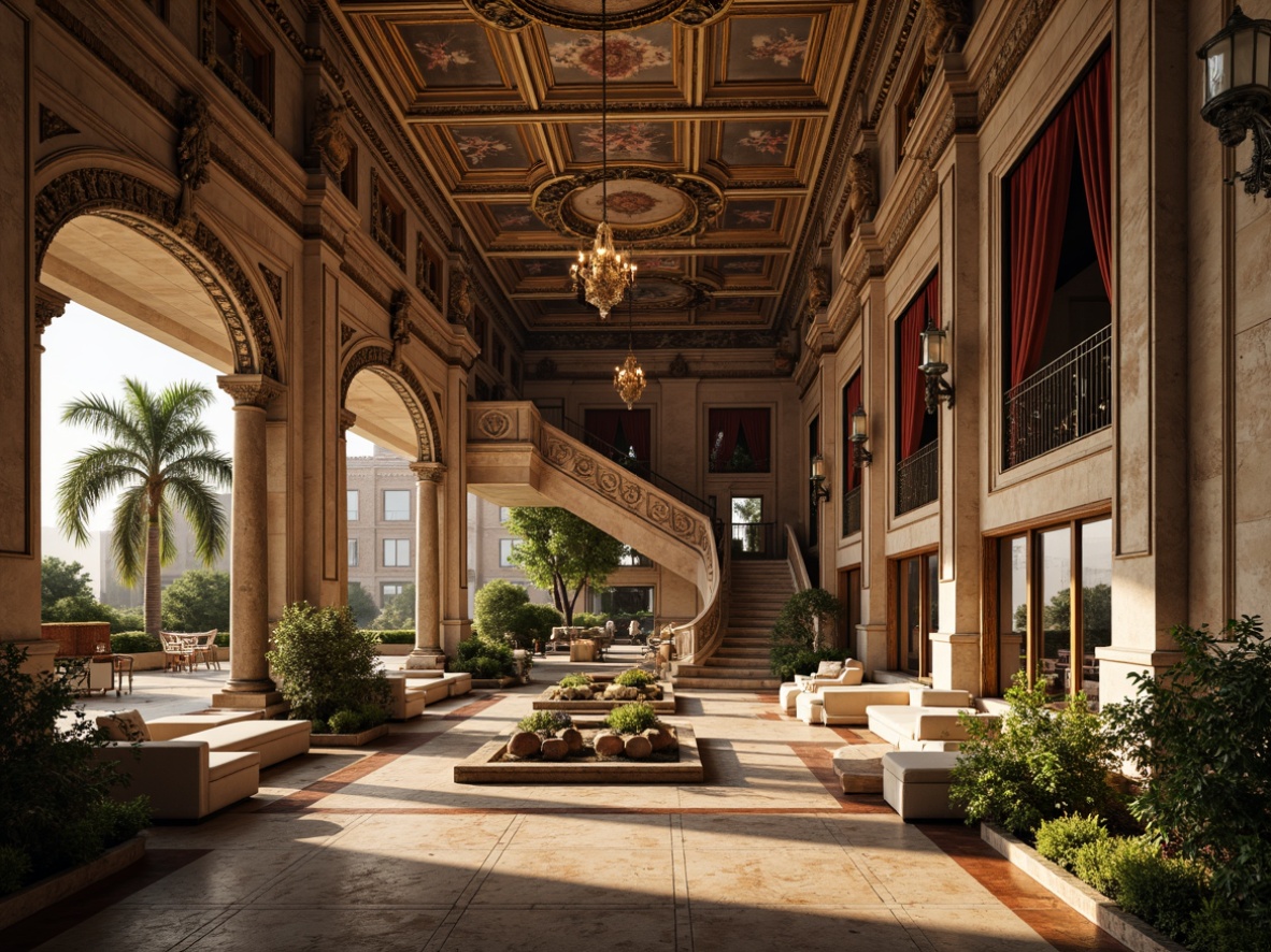 Prompt: Grand Renaissance mansion, ornate stone carvings, intricate wooden ornaments, lavish chandeliers, sweeping staircases, rich velvet drapes, gilded mirrors, frescoed ceilings, decorative cornices, arched windows, symmetrical fa\u00e7ade, rusticated quoins, Tuscan columns, ornamental fountains, serene courtyard, lush greenery, warm golden lighting, soft focus blur, shallow depth of field, 1/2 composition, detailed textures, ambient occlusion.