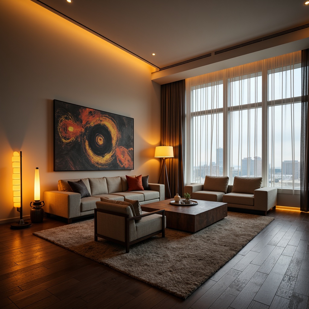 Prompt: Modern living room, sleek furniture, minimalist decor, soft warm lighting, floor lamps, table lamps, LED strip lights, ambient glow, cozy atmosphere, comfortable seating, plush carpets, wooden flooring, large windows, natural daylight, sheer curtains, abstract artwork, geometric patterns, 3/4 composition, shallow depth of field, realistic textures, warm color palette.