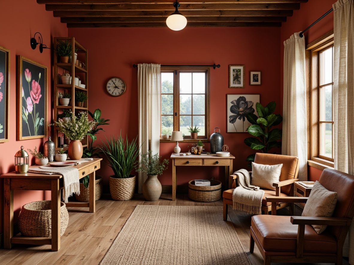 Prompt: Cozy craft room, warm copper tones, rich red accents, earthy terracotta walls, wooden workbenches, vintage metal lanterns, woven rattan baskets, plush throw blankets, natural fiber rugs, soft overhead lighting, rustic wooden shelves, distressed leather armchairs, eclectic decorative trinkets, whimsical paper flowers, bold geometric patterns, textured linen fabrics, warm beige curtains, inviting atmosphere, relaxing ambiance.