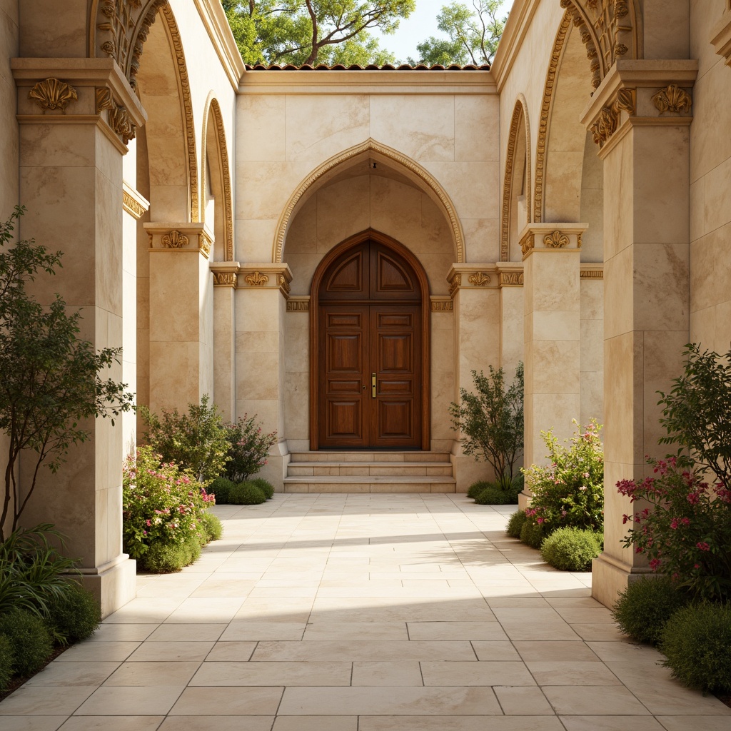 Prompt: Warm beige stone facades, soft creamy marble columns, ornate golden accents, lush greenery, vibrant floral patterns, classic symmetrical architecture, grand entrance archways, intricately carved wooden doors, elegant cream-colored walls, refined bronze hardware, subtle warm lighting, shallow depth of field, 1/1 composition, realistic textures, ambient occlusion.