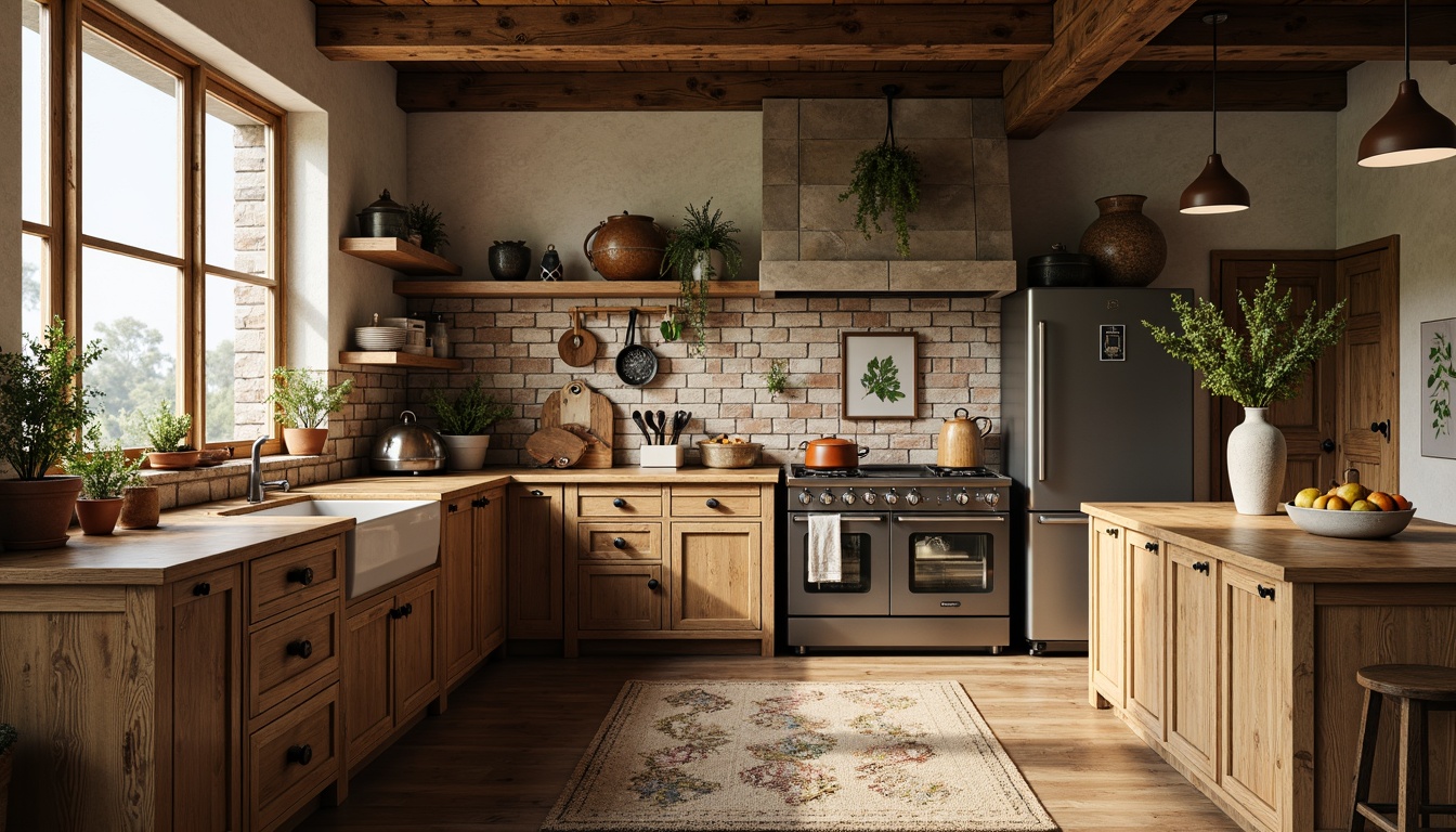 Prompt: Rustic kitchen setting, natural stone walls, wooden cabinetry, earthy color palette, brick backsplash, distressed finishes, vintage appliances, pendant lighting, woven textiles, botanical prints, farmhouse sink, butcher block countertops, warm ambient lighting, shallow depth of field, 1/1 composition, realistic textures, soft focus effect.Please let me know if this meets your expectations!