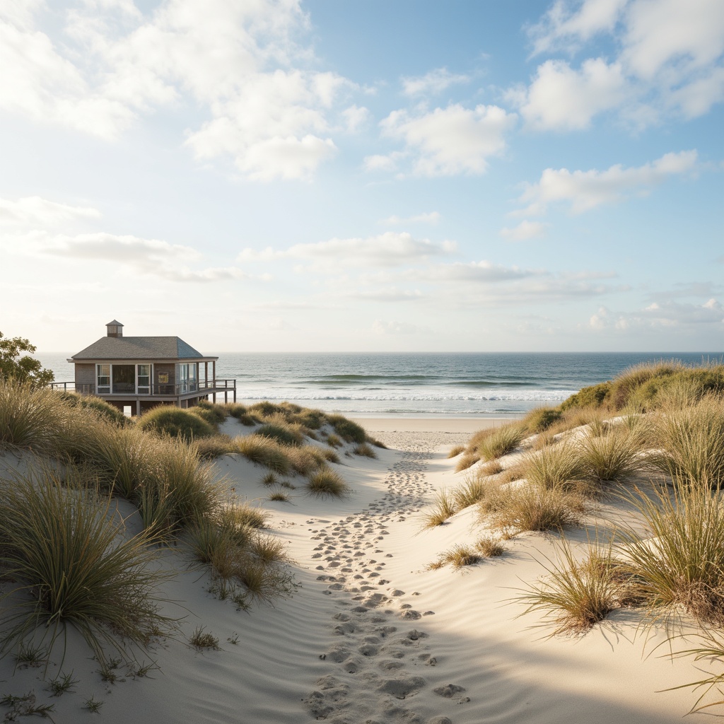 Prompt: Soft sandy dunes, calming ocean breeze, gentle waves, serene coastal atmosphere, weathered driftwood, sea-salted air, misty mornings, warm beige tones, soothing blues, creamy whites, muted greens, natural textures, rustic beach houses, wooden decks, nautical accents, vintage lighthouses, distressed finishes, cozy seaside cottages, warm sunlight, shallow depth of field, 1/2 composition, realistic rendering.