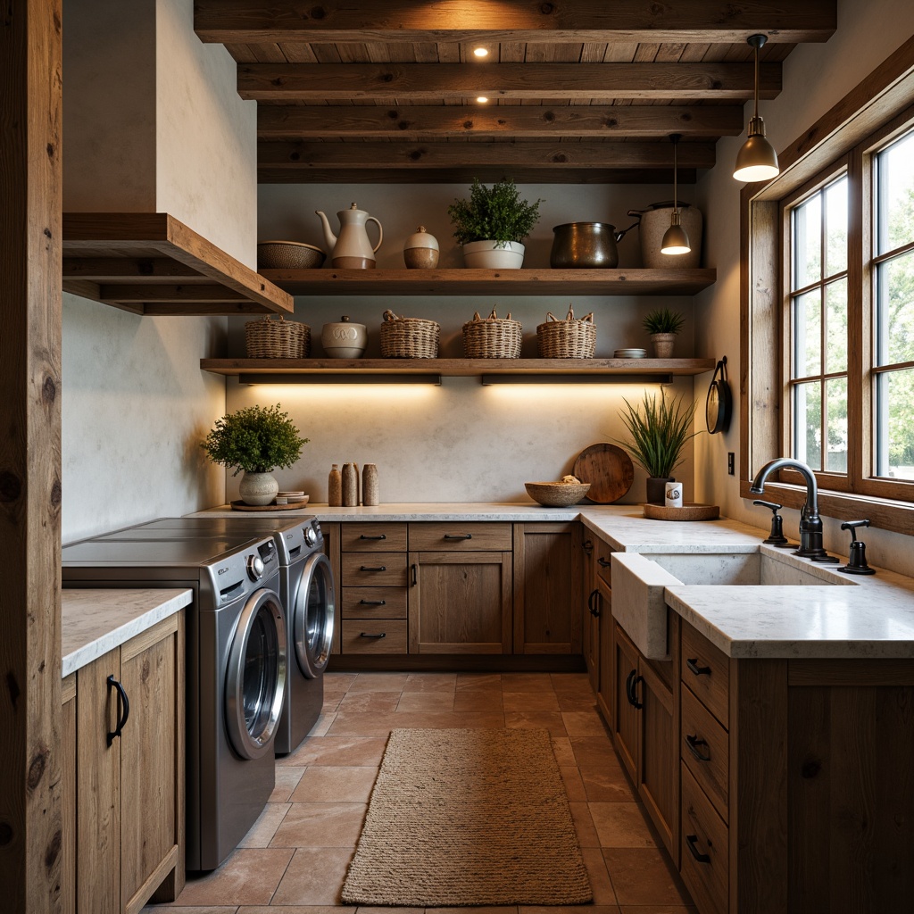 Prompt: Rustic laundry room, vintage wooden cabinets, distressed metal appliances, woven wicker baskets, natural stone countertops, earthy color palette, warm soft lighting, cozy textiles, farmhouse-style sink, antique bronze fixtures, reclaimed wood shelves, functional minimalism, 1/1 composition, shallow depth of field, realistic textures, ambient occlusion.