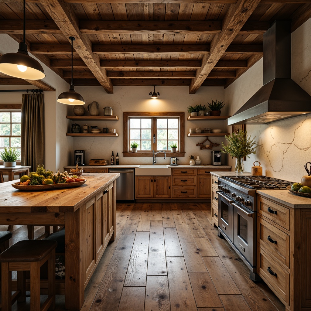 Prompt: Rustic kitchen, wooden cabinetry, earthy tones, natural textures, distressed finishes, ornate metal hardware, farmhouse sink, butcher-block countertops, pendant lighting, exposed beams, wooden floors, cozy atmosphere, warm color palette, inviting decor, soft ambient lighting, shallow depth of field, 2/3 composition, realistic wood grain, subtle weathering effects.