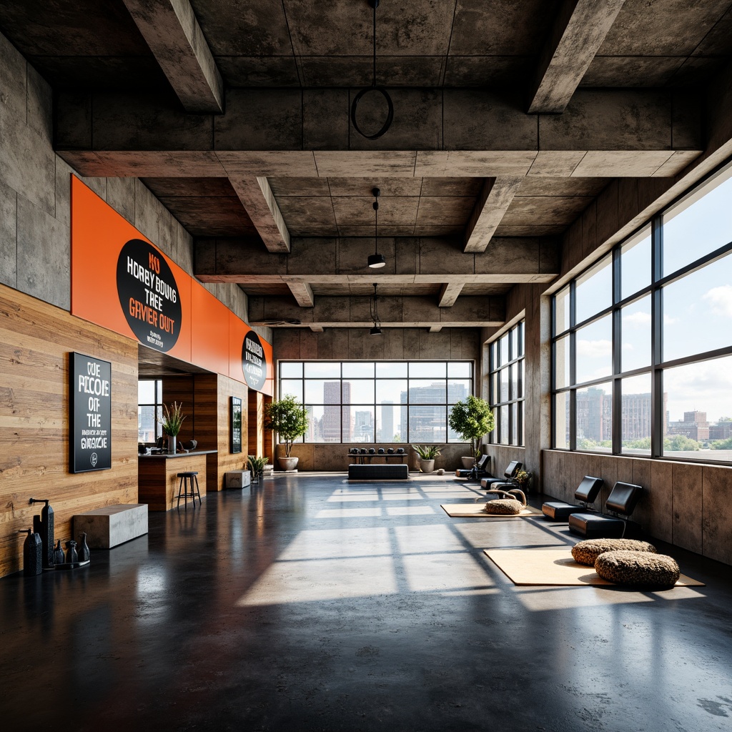 Prompt: Modern gym interior, industrial-chic aesthetic, textured concrete walls, wooden accents, metallic equipment, vibrant color scheme, motivational quotes, high ceilings, large windows, natural light, urban views, cityscape backdrop, dynamic lighting, 3/4 composition, shallow depth of field, realistic textures, ambient occlusion.