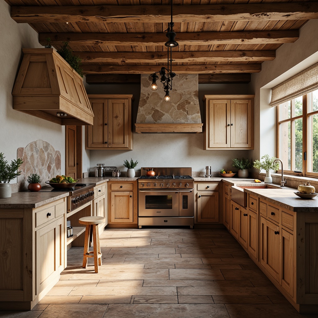 Prompt: Rustic kitchen, wooden cabinetry, distressed finishes, earthy tones, natural stone countertops, farmhouse sink, copper accents, pendant lighting, warm neutral colors, traditional architectural details, ornate moldings, classic Shaker-style cabinets, soft morning light, subtle shadowing, 1/1 composition, shallow depth of field, realistic textures, ambient occlusion.Please let me know if this meets your requirements!