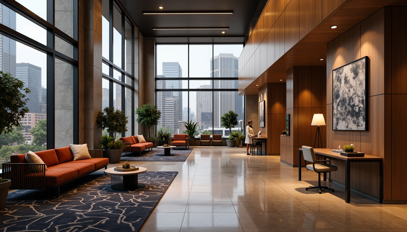 Prompt: Minimalist hotel lobby, sleek modern furniture, polished metal frames, luxurious velvet sofas, geometric patterned rugs, ambient warm lighting, floor-to-ceiling windows, urban city views, contemporary art pieces, minimalist decorative accents, streamlined desks, ergonomic chairs, sophisticated color schemes, rich wood tones, high-gloss finishes, 3/4 composition, shallow depth of field, panoramic view, realistic textures, ambient occlusion.