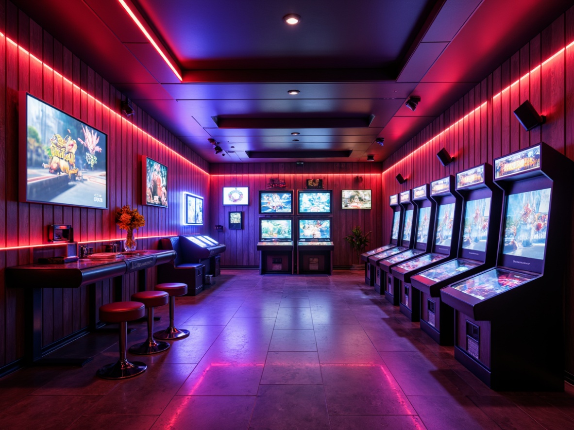 Prompt: Vibrant game room, neon-lit arcade machines, LED strip lights, glowing console screens, cozy ambient lighting, dark wood accents, sleek metal trim, modern minimalist decor, bold color scheme, futuristic atmosphere, high-contrast shadows, dramatic spotlights, 3/4 composition, cinematic camera angles, realistic textures, ambient occlusion.