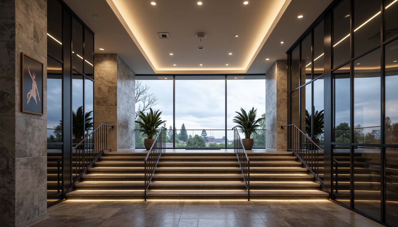 Prompt: Elegant balustrade, sleek metal railings, minimalist design, floating stairs, open risers, glass or acrylic panels, stainless steel or aluminum frames, modern architectural style, luxurious interior, high-ceiling entrance hall, dramatic lighting effects, shallow depth of field, 1/1 composition, realistic reflections, ambient occlusion.