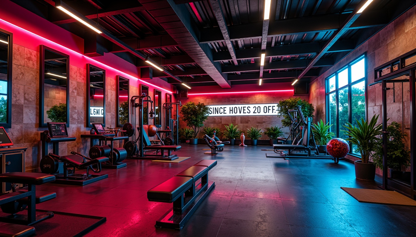 Prompt: Vibrant home gym, bold color scheme, energetic atmosphere, motivational quotes, industrial-style equipment, rubber flooring, metallic accents, neon lights, dark wood tones, intense reds, deep blues, calming greens, natural stone walls, large mirrors, open space layout, high ceilings, modern architecture, dynamic lighting, shallow depth of field, 1/1 composition, realistic textures, ambient occlusion.