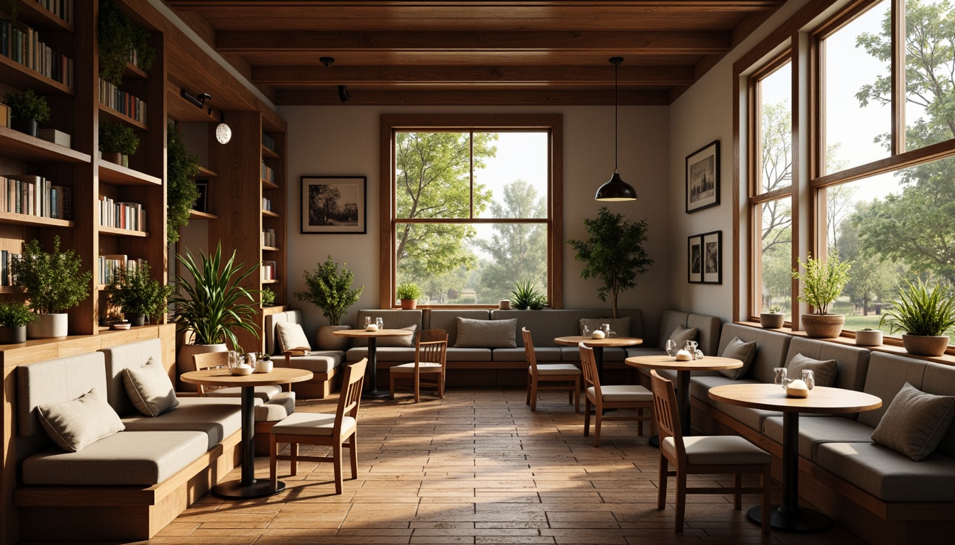 Prompt: Cozy breakfast nook, wooden tables, comfortable chairs, warm lighting, soft cushions, earthy tones, natural materials, rustic decor, academic atmosphere, bookshelves, built-in benches, window seats, greenery views, morning sunlight, gentle shadows, 1/1 composition, shallow depth of field, realistic textures, ambient occlusion.