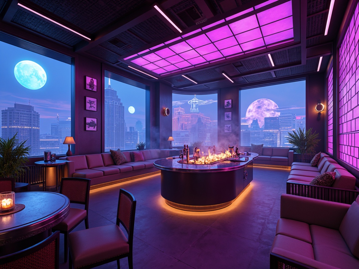 Prompt: Neon-lit bar interior, futuristic ambiance, holographic displays, sleek metal countertops, glowing LED lights, minimalist decor, curved lines, metallic accents, space-age inspired seating, retro-futuristic color scheme, 3D printed decorative elements, ambient fog effects, low-gravity atmosphere, avant-garde architecture, panoramic cityscape views, cyberpunk-inspired lighting, futuristic cocktail glasses, robotic bartender, virtual reality experiences, high-tech sound systems.