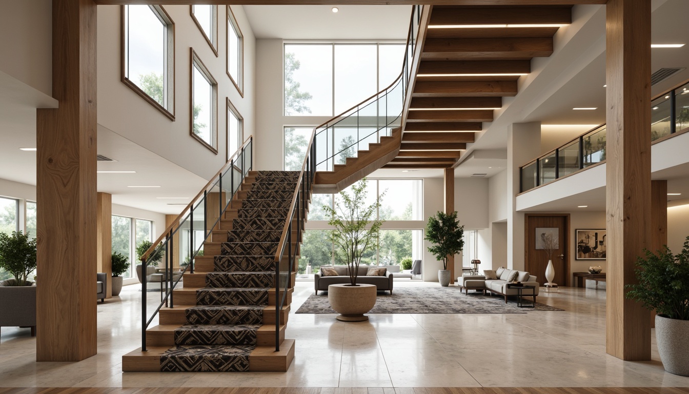 Prompt: Sleek modern staircase, minimalist handrail design, stainless steel or glass balusters, floating wood or metal treads, open risers, geometric patterned carpeting, subtle LED lighting, wall-mounted handrail systems, elegant curves, polished chrome or brass accents, luxurious marble or hardwood flooring, spacious landing areas, dramatic floor-to-ceiling windows, airy atmosphere, 1/1 composition, shallow depth of field, soft warm lighting.