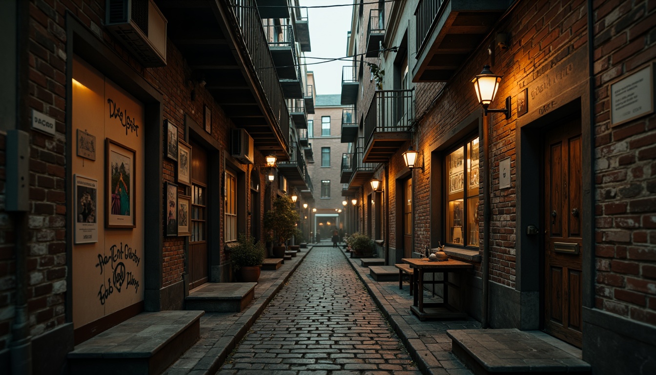 Prompt: Distressed brick walls, worn stone surfaces, rustic wooden planks, aged concrete textures, faded graffiti murals, peeling paint, rusty metal accents, vintage posters, dimly lit alleys, mysterious shadows, narrow cobblestone streets, historic architectural landmarks, warm ambient lighting, 1/2 composition, shallow depth of field, cinematic mood, atmospheric fog effects.