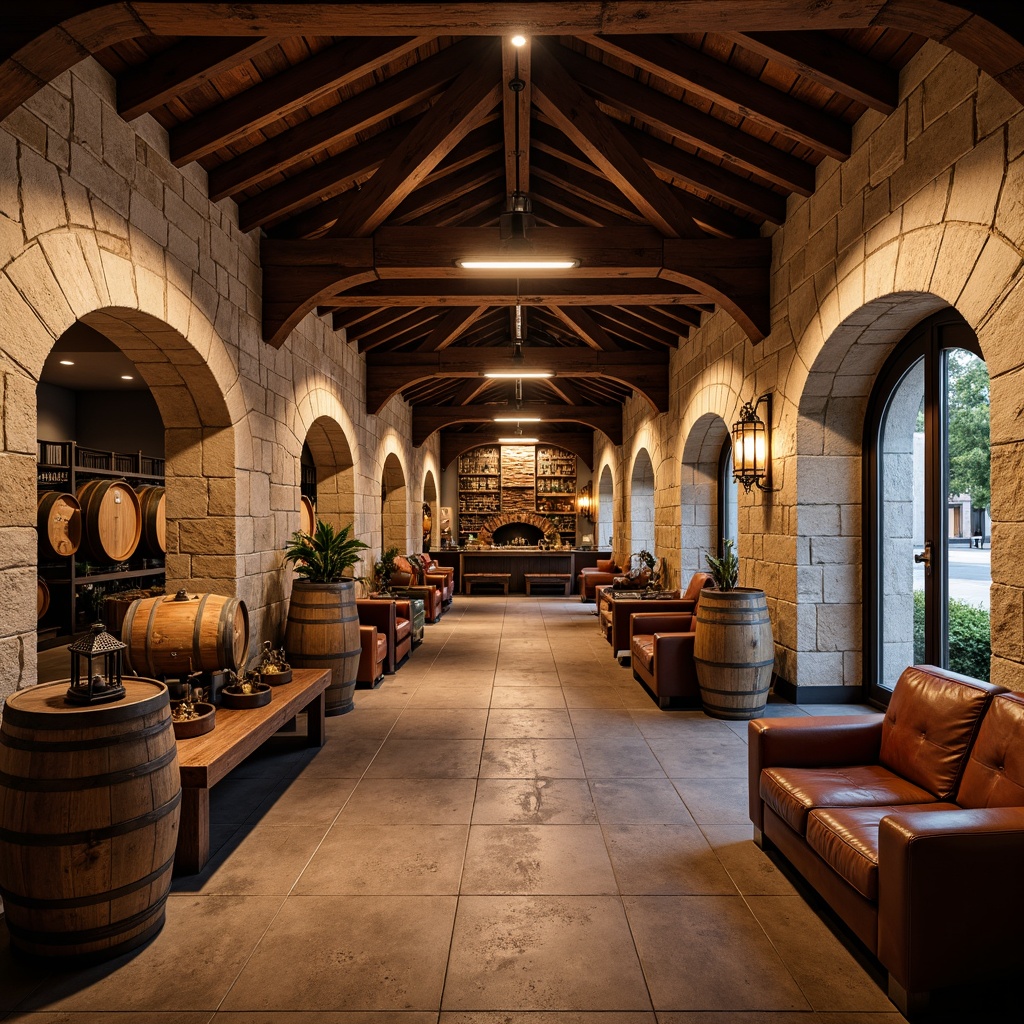 Prompt: Rustic winery interior, exposed wooden beams, industrial metal accents, reclaimed wood floors, stone walls, large wooden barrels, wine-making equipment, vintage oak casks, earthy color palette, soft warm lighting, shallow depth of field, 1/1 composition, realistic textures, ambient occlusion, natural stone archways, distressed wooden crates, aged metal lanterns, cozy seating areas, rich leather upholstery.