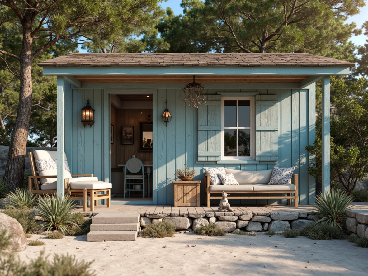 Prompt: Rustic beach cottage, weathered wooden planks, driftwood accents, ocean-inspired color palette, soothing blue hues, sandy beige tones, natural stone foundations, irregularly shaped windows, distressed wood shutters, nautical rope details, coral-patterned textiles, shells and pebbles decorations, soft warm lighting, shallow depth of field, 1/2 composition, serene atmosphere, realistic textures, ambient occlusion.