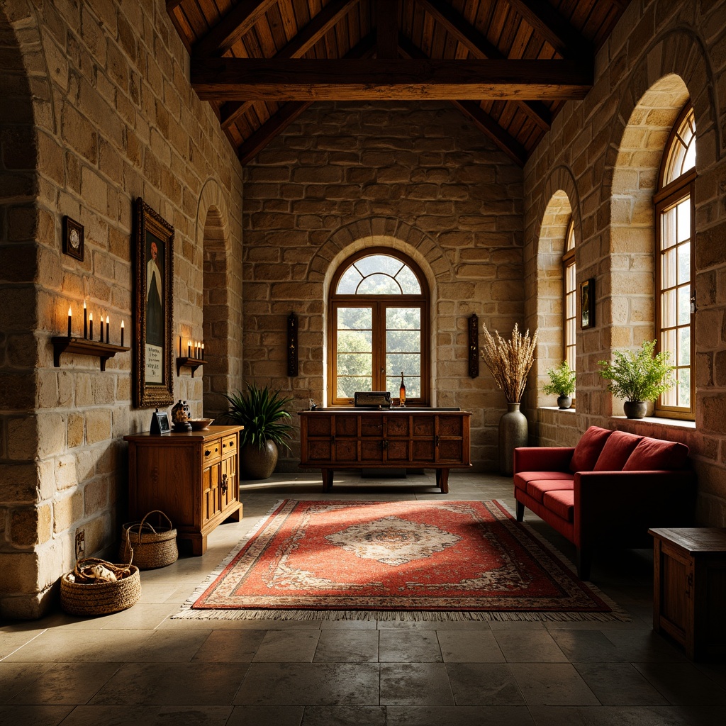 Prompt: Warm monastery interior, rustic stone walls, wooden accents, soft candlelight, earthy tones, muted greens, weathered wood furniture, distressed metal decor, rich velvet textiles, ornate tapestries, intricate carvings, vaulted ceilings, stained glass windows, serene ambiance, warm golden lighting, shallow depth of field, 1/1 composition, realistic textures, ambient occlusion.