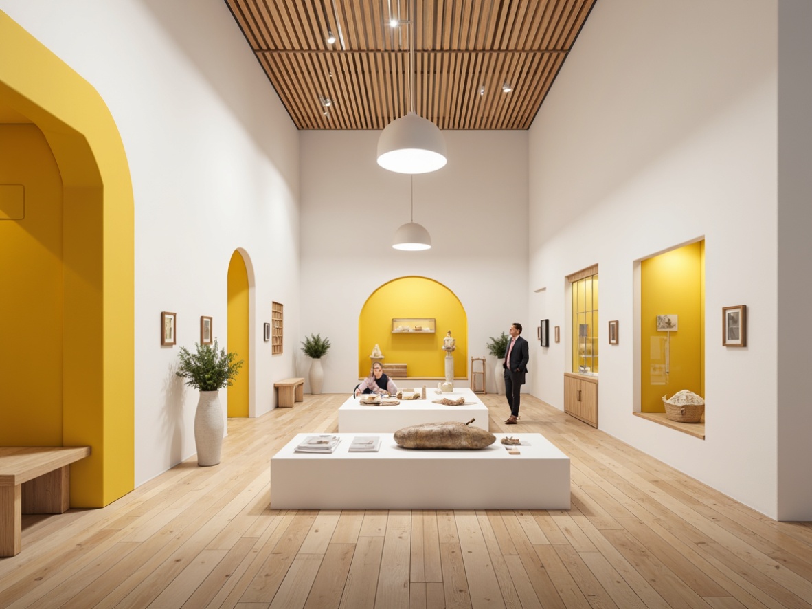 Prompt: Brightly lit museum interior, Scandinavian design, warm yellow accents, natural wood tones, minimalist exhibit spaces, geometric shapes, subtle Nordic patterns, modern artifacts on display, clean white walls, polished wooden floors, airy high ceilings, soft diffused lighting, gentle warm glow, shallow depth of field, 1/1 composition, realistic textures, ambient occlusion.