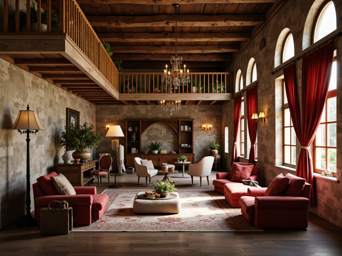 Prompt: Rustic wooden beams, distressed stone walls, soft warm lighting, intimate seating areas, ornate golden balconies, red velvet curtains, antique furniture pieces, vintage decorative items, natural textiles, earthy color palette, cozy atmosphere, 3/4 composition, shallow depth of field, realistic textures, ambient occlusion, French Renaissance-inspired architecture, grand chandeliers, intricate moldings, elegant drapery, soft pastel colors.