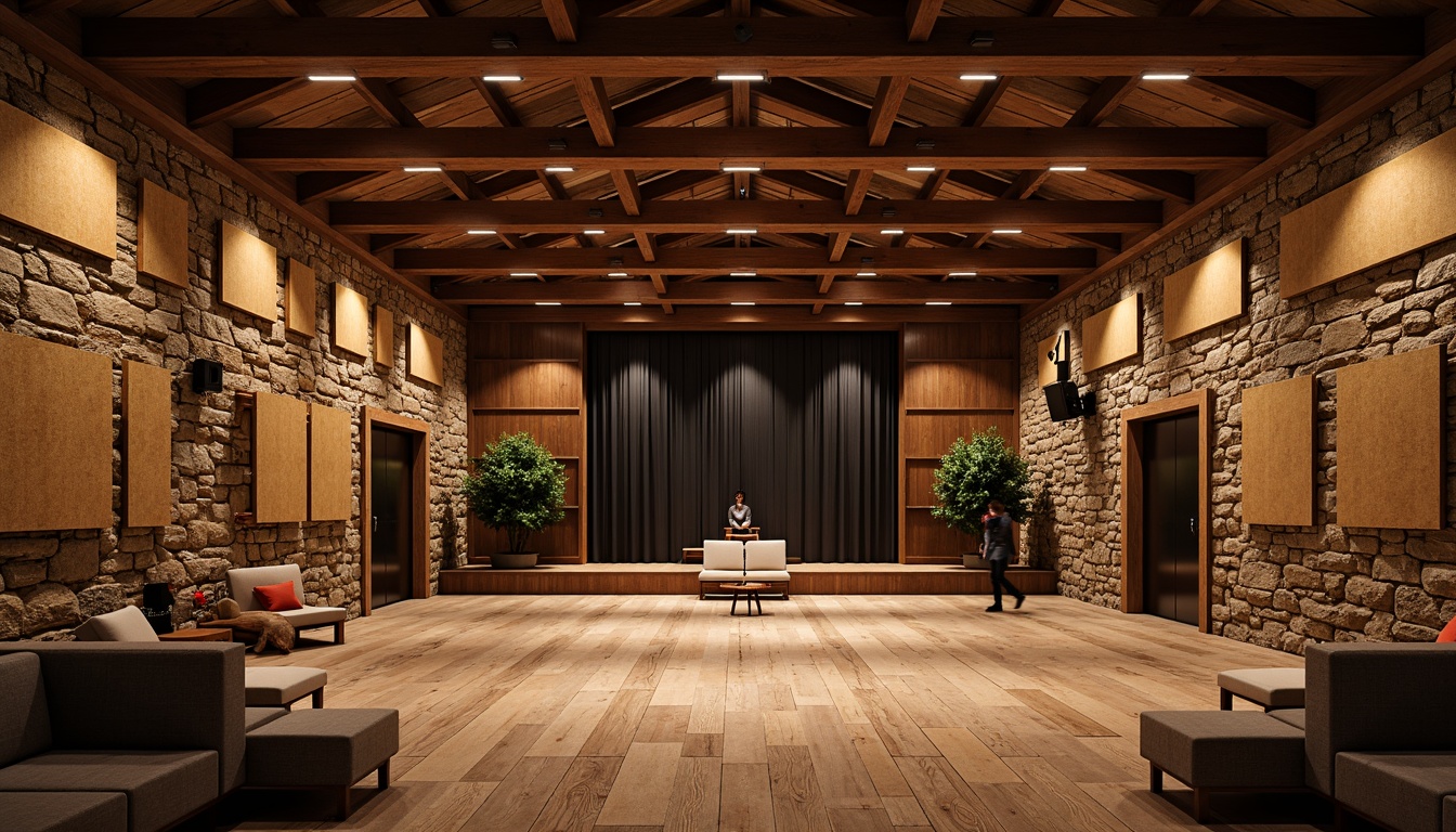 Prompt: Rustic performing arts center, wooden beam ceiling, stone walls, earthy tone color scheme, vintage stage lights, wooden floorboards, acoustic panels with natural fabric wraps, reclaimed wood accents, cozy seating areas, warm ambiance, softbox lighting, 1/2 composition, shallow depth of field, realistic textures, ambient occlusion.